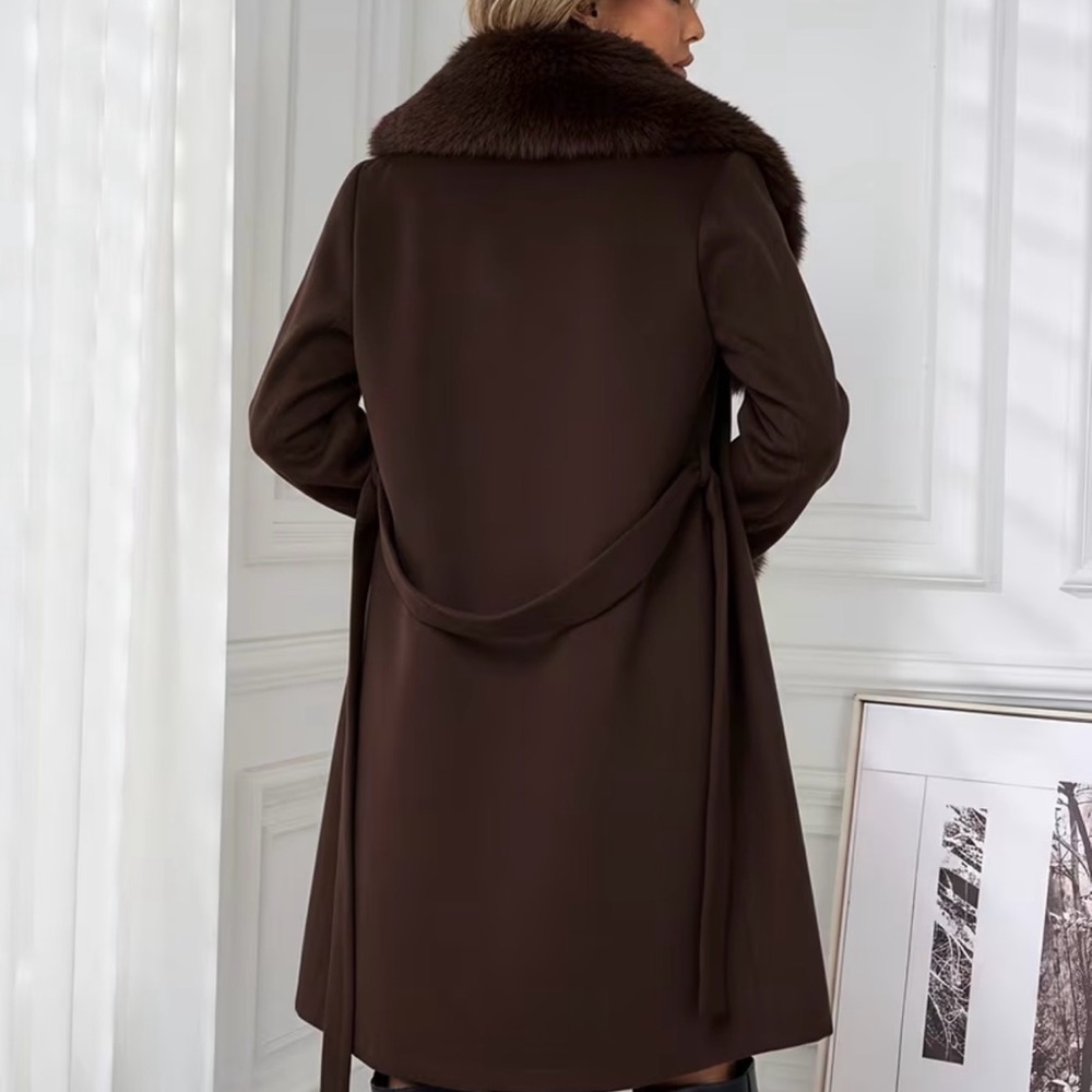 Source Unknown Dark Brown Fur-Trimmed Trench Coat - Picture 5 of 7